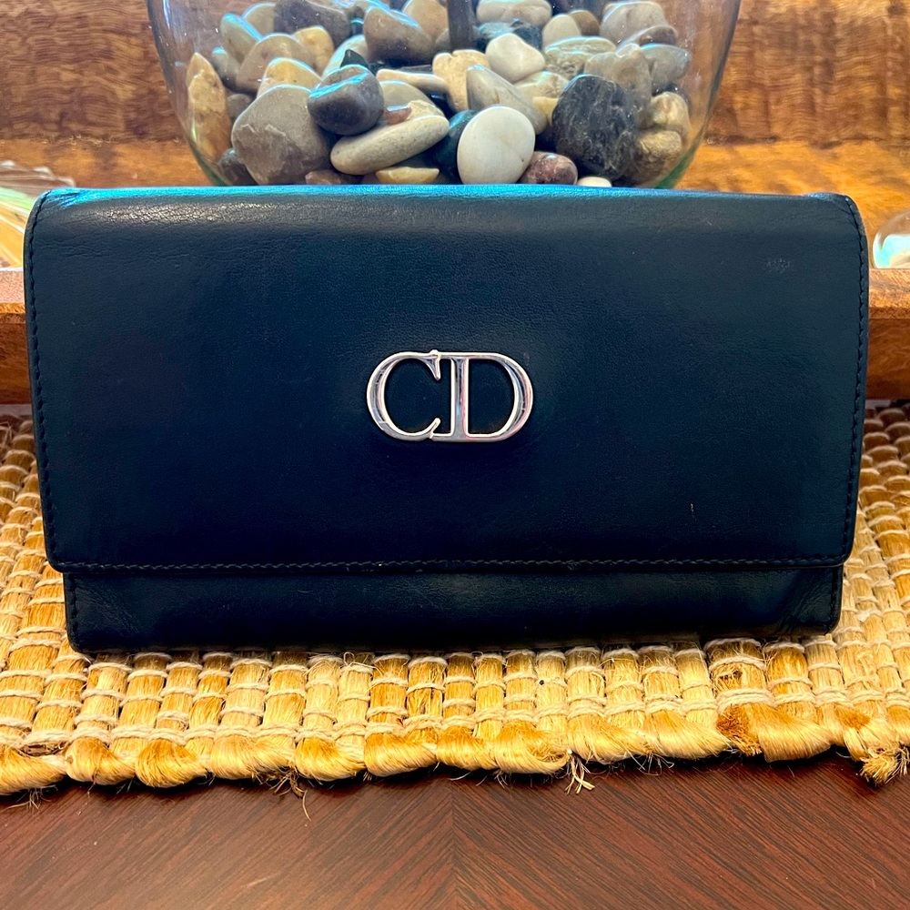 Christian Dior Long Wallet Bifold Purse Card Bill Coin Case Black Red Authentic